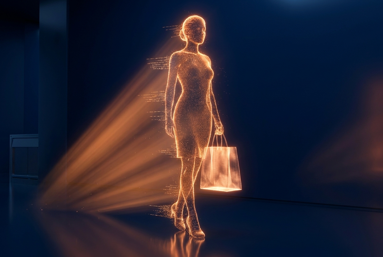 Holografische KI-Agentin mit Einkaufstüte — Sinnbild für autonome KI-Agenten, die für Kunden einkaufen