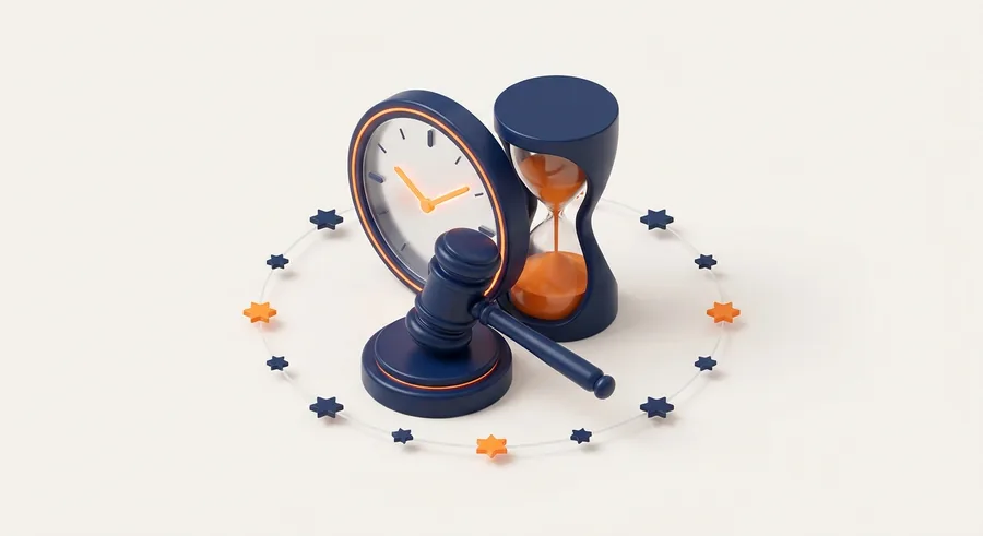Uhr, Sanduhr und Richterhammer im Kreis der EU-Sterne – Sinnbild für den Stichtag der EU-KI-Verordnung